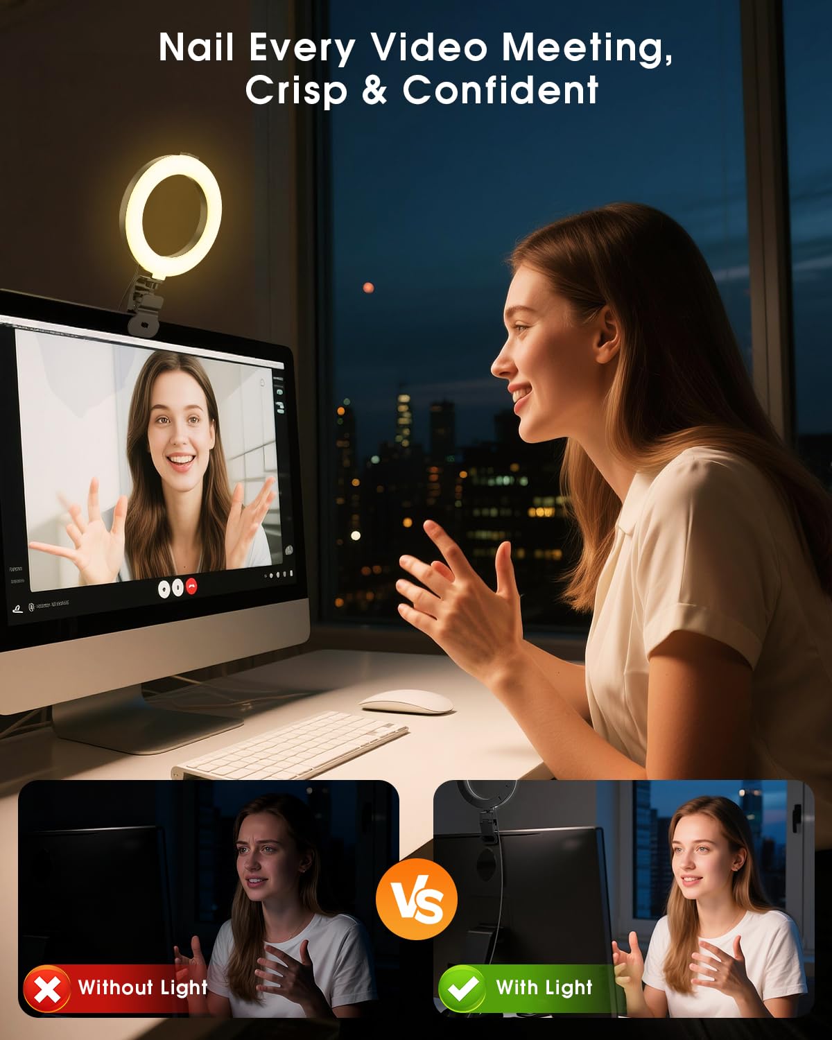 Ring Light for Computer Video Conference - Webcam Light for Monitor Clip On Remote Working Distance Learning Zoom Call Self Broadcasting and Live Streaming Influencer Light Laptop Video Conferencing