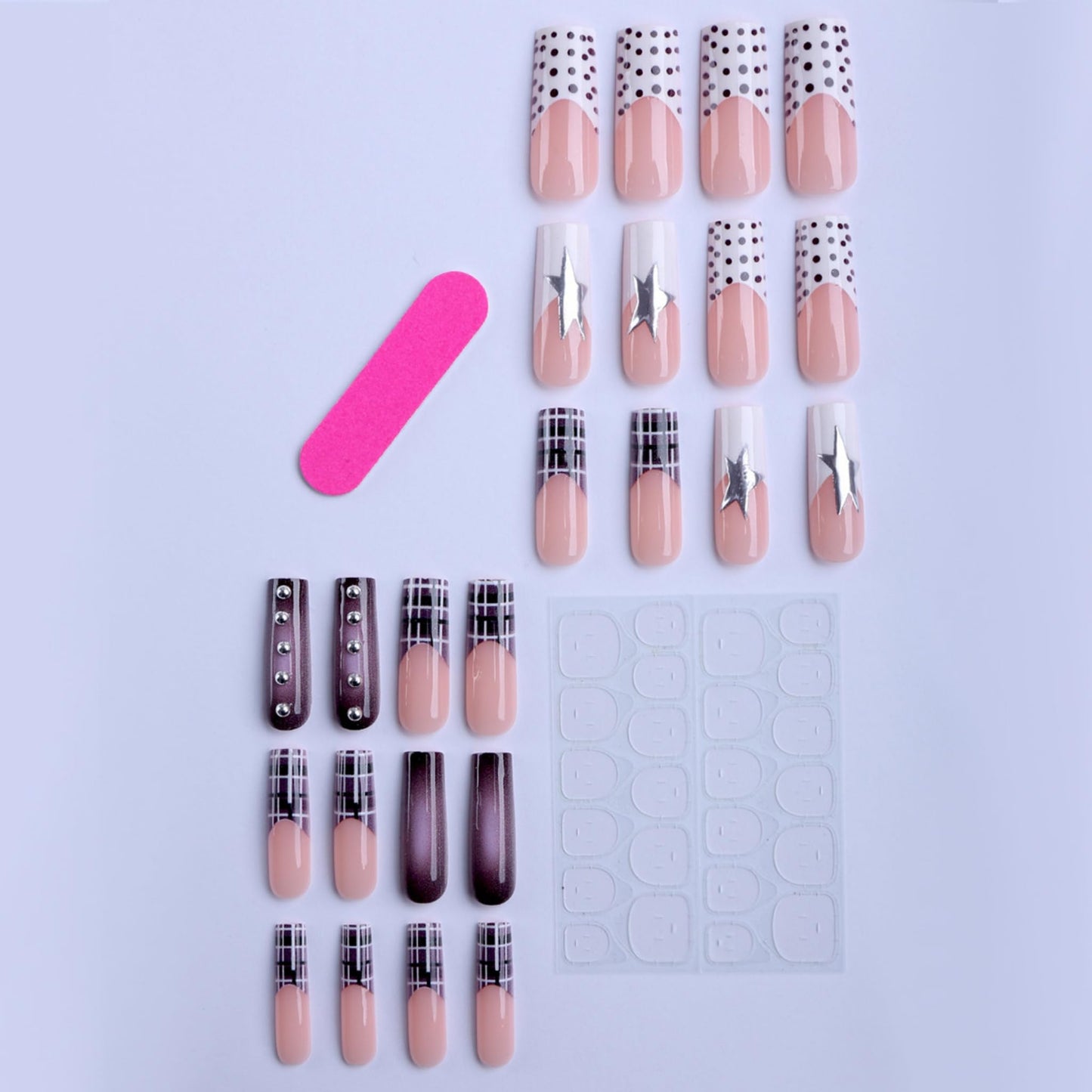 Long Press on Nails Square Fake Nails Brown Acrylic Nail Press Ons Seeneey Stars and Silver Charm Designs Rhinestones Stick on Nail for Women 24pcs