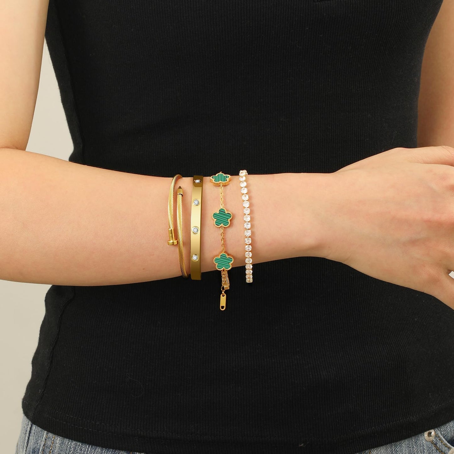 MEIERYA 18K Gold Plated Womens Stackable Floral Bracelets Set,Twisted Cable Bangle,Trendy Jewelry,Waterproof adjustable bracelet,Christmas Birthday Gifts for Girlfriend or Mother. (03-Color-green)