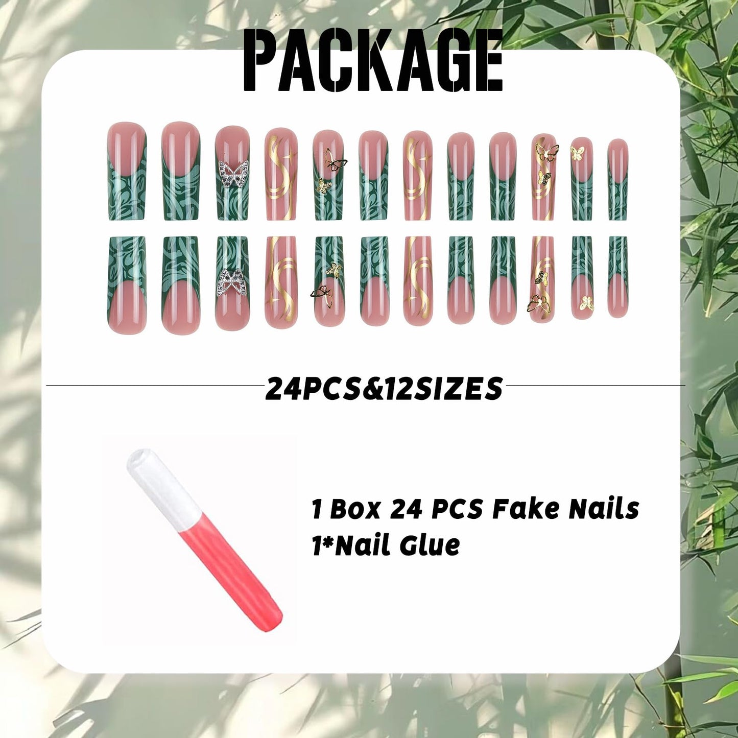 IMSOHOT Press on Nails Long Square Fake Nails Green Wave French Tips False Nails with Golden Butterfly Charms Designs Glossy Acrylic Gel Squoval Nail Supplies