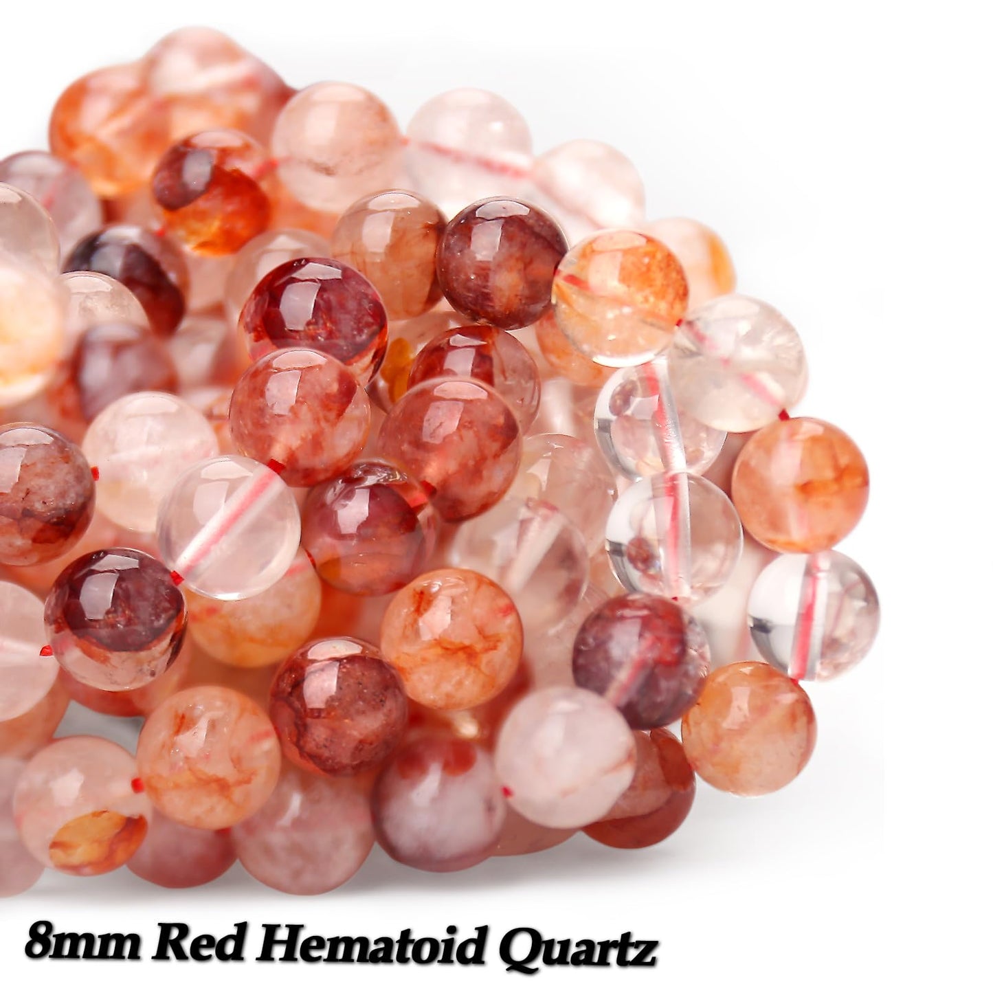 70PCS Natural 8MM Healing Gemstone, Red Hematoid Quartz Energy Stone Round Loose Beads, Semi-Precious Crystal Beads with Free Elastic String for Jewelry Making DIY