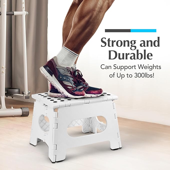 Handy Laundry Folding Lightweight Step Stool - Sturdy Enough to Support Adults and Safe Enough for Kids - Opens Easy with One Flip - Great for Kitchen, Bathroom or Bedroom (White - 8 Inch)