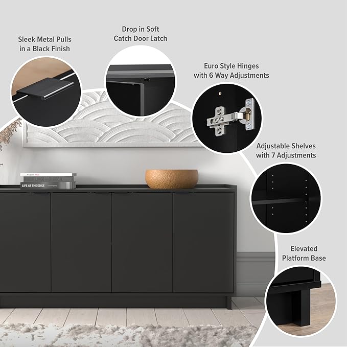 Prepac Simply Modern 4 Door Console Table Storage Cabinet, Buffet Cabinet for Storage and Organization, Modern Side Table with Doors & Shelves, 60”W x 30”H x 16”D, Black