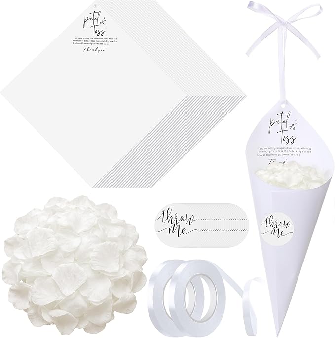Wedding Petal Cones Kit 50 Sheets Cardstock 2000 Cream Fake Petals 50 'throw Me' Stickers 2 Rolls White Ribbon for Bridal Shower Wedding Favor Celebration Toss