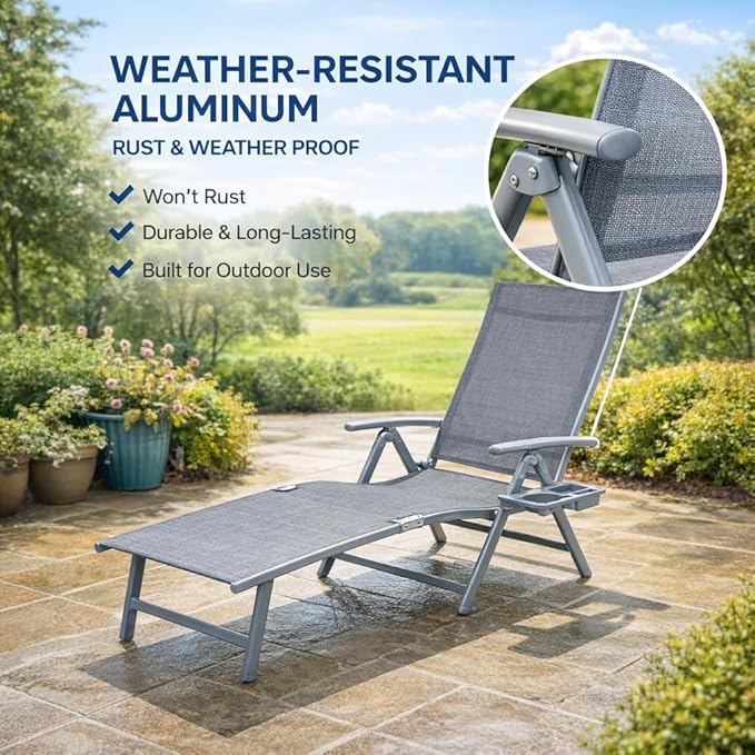 Kozyard Aluminum Outdoor Chaise Lounge Chair, Adjustable Reclining Patio Lounge with Drink Holder, Weather-Resistant Pool, Deck & Yard Recliner,Assemble-Free, Gray (Gray)