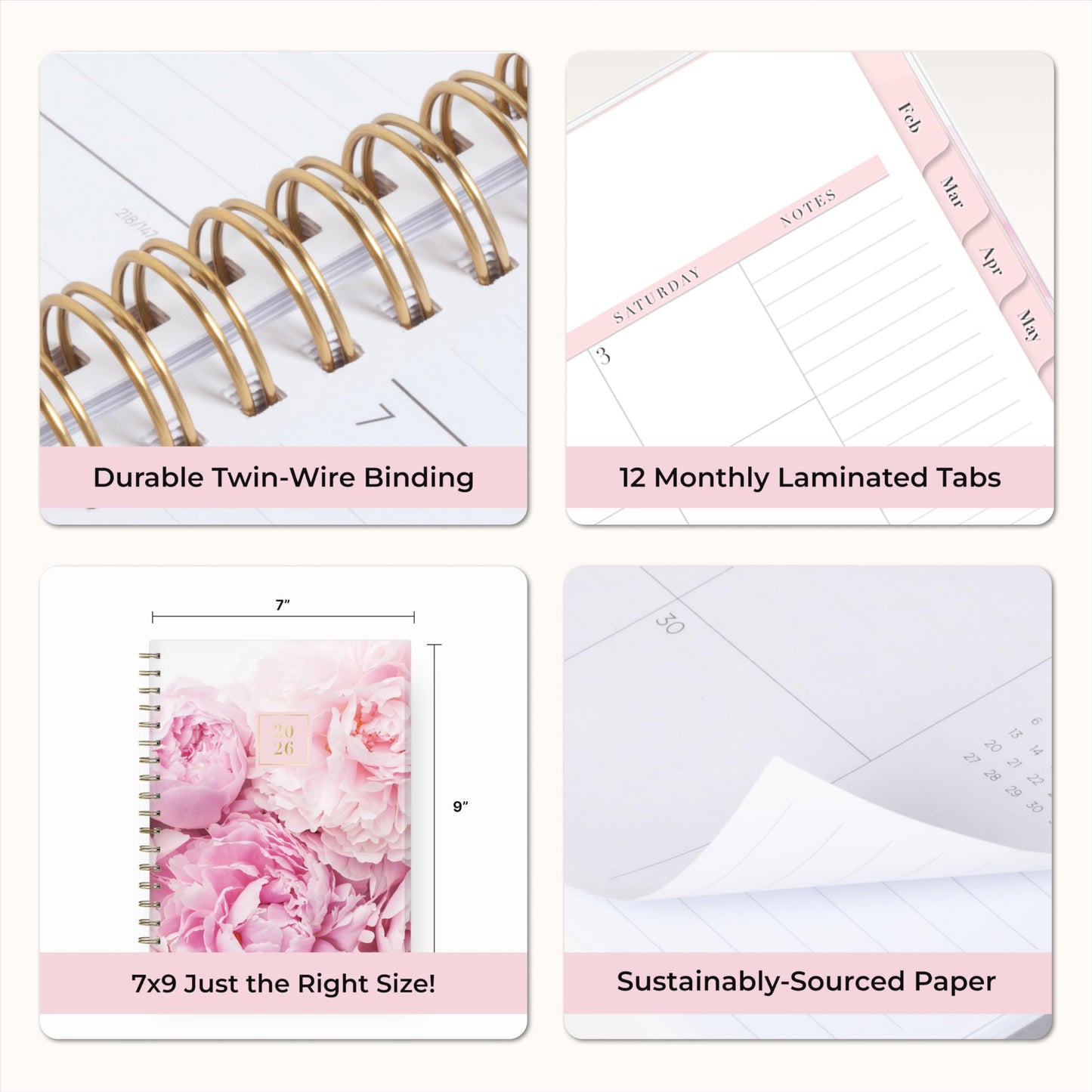 Blue Sky Rachel Parcell 2026 Daily and Monthly Planner Calendar, January 2026 - December 2026, 7" x 9", Hard Cover, Durable Twin Wire Binding, Laminated Tabs, Storage Pocket, Stickers, Peony