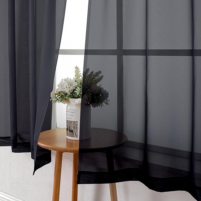 Lecloud Black Sheer Curtains 63 Inch Length 2 Panels, Elegant Voile Drapes for Small Windows, Light Filtering Curtains for Living Room Bedroom Dinning, Dual Rod Pocket, 40" W x 63" L