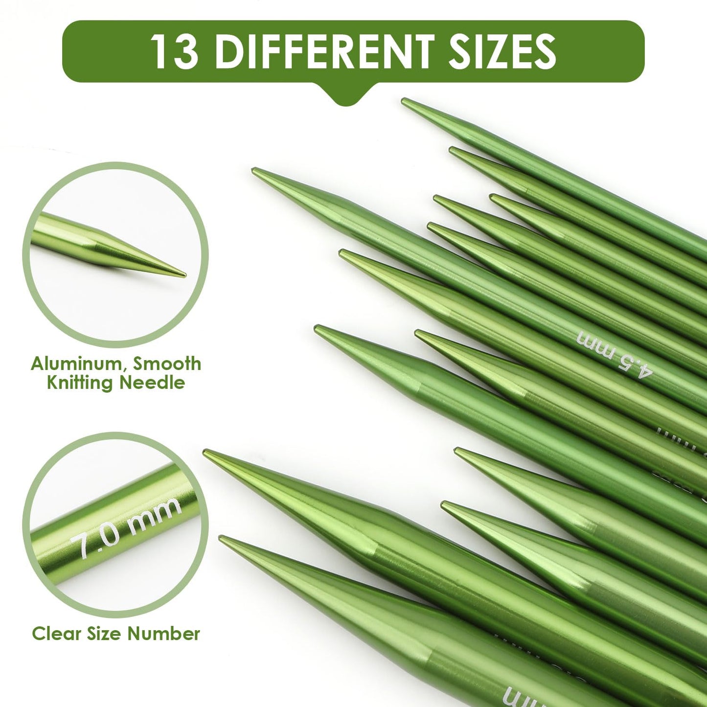 Interchangeable Circular Knitting Needles Set Premium Aluminum Knitting Kit 13 Pairs of 4 Inch with 4 Cables, Accessories and Storage Bag Green