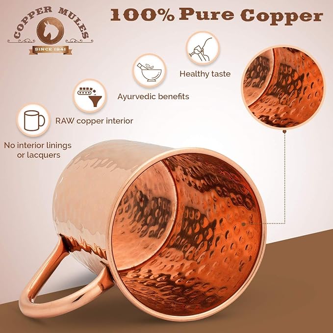 Copper Mules PURE Copper Mug RAW Copper Interior Ideal for Ayurvedic Health Benefits and Moscow Mules - Hand Hammered Finish - Authentic and Strong Riveited Handle - Holds 16oz