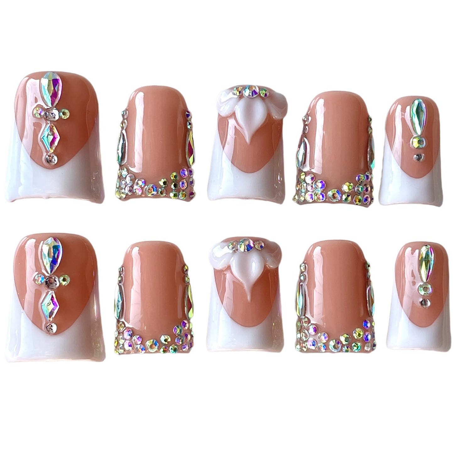 Handmade Press On Nails, Short Medium Duck Shape, Nude White French Tip with 3D Flower and Crystal Rhinestones, Luxury Glue On Fake Nails (M)
