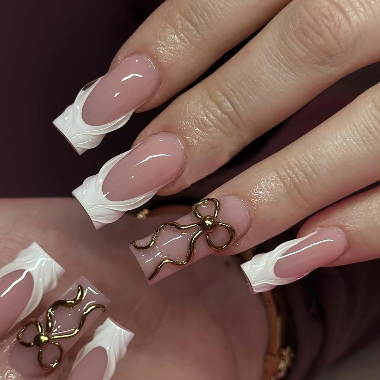 IMRAIN Press on Nails Long Square Fake Nails White French Tips False Nails with 3D Golden Bow Designs Full Cover Glue on Nails for Women
