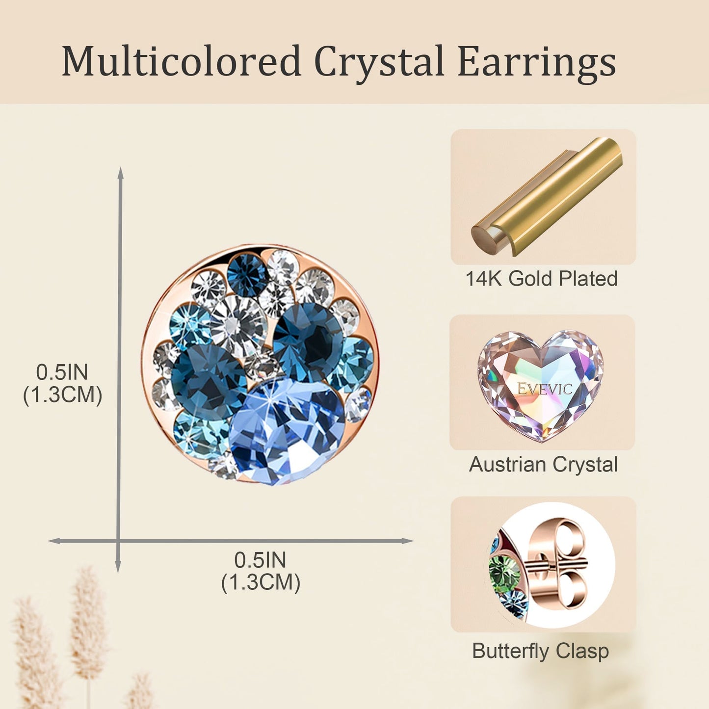 Multicolored Austrian Crystal Rhinestone Stud Earrings for Women Fashion S925 Sterling Silver Hypoallergenic Jewelry (Blue Main Crystal/Rose Gold-tone)