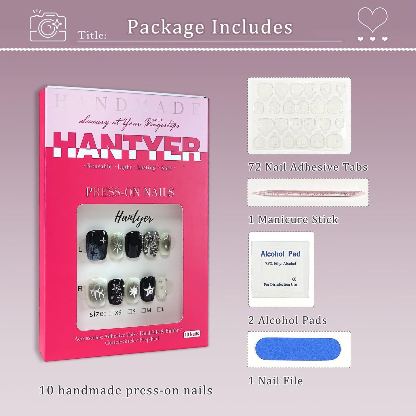 Hantyer Short Square Press On Nails, Handmade Soft Gel Dark Glam Metallic Fake Nails with Silver 3D Stars & Sculptural Accents, Grunge Inspired Reusable False Nails 10PCS Kit (Size S)