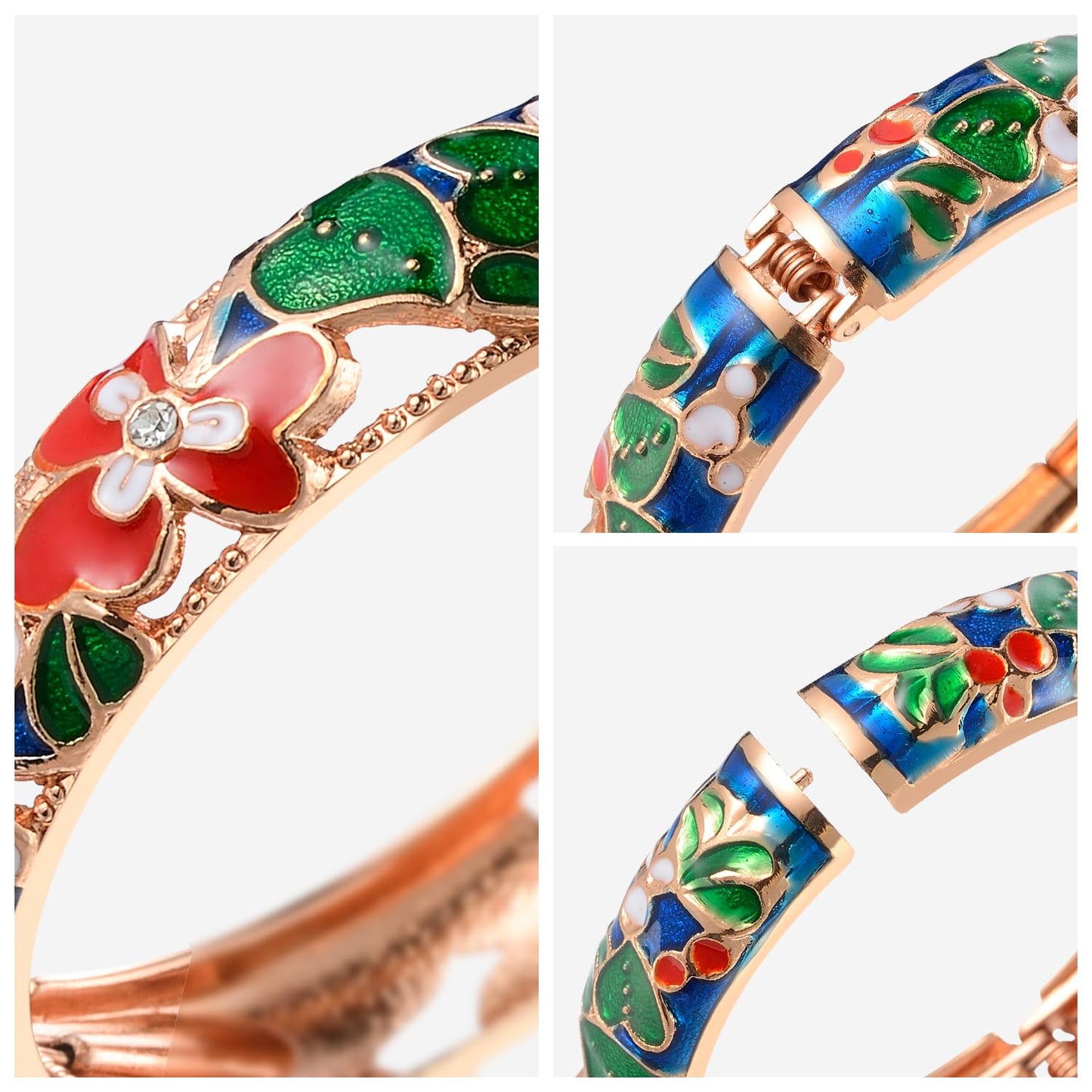 UJOY Vintage Cloisonne Jewelry Bracelet Plated Handmade Bead Rhinestones Enamel Spring Cuff Bangles 2 Pcs Set for Womens Gift 88A22-55A42 blue red