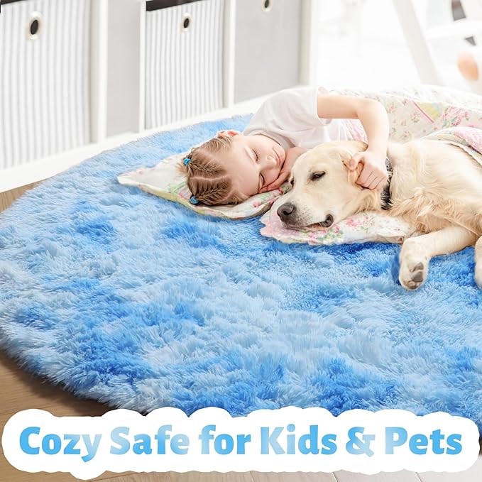 Amdrebio Tie-Dyed Light Blue Round Circle Rug 5Ft for Girls Bedroom, Soft Cute Fluffy Area Rugs for Boys, Kids Room Decor, Plush Shaggy Fuzzy Stitch Carpet for Baby Nursery Playroom Classroom Dorm