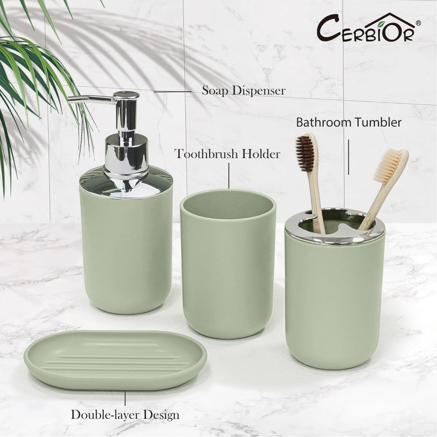 CERBIOR Bathroom Accessories Set 6 Piece Bath Ensemble Includes Soap Dispenser, Toothbrush Holder, Toothbrush Cup, Soap Dish for Decorative Countertop and Housewarming Gift (Green)