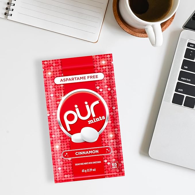 PUR Mints | Aspartame Free Breath Mints | Made with Xylitol | Sugar Free, Vegan, Gluten Free | Natural Cinnamon Flavor | 65 Pieces in Re-Sealable pouch (Pack of 3)