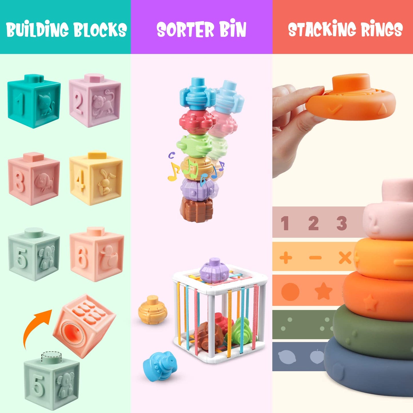 Plunack 6 in 1 Baby Toys 6 to 12 Months, Montessori Toy Infant Teething Babies Toy Stacking Blocks Rings Pull String Toy Sorter Sensory Bin