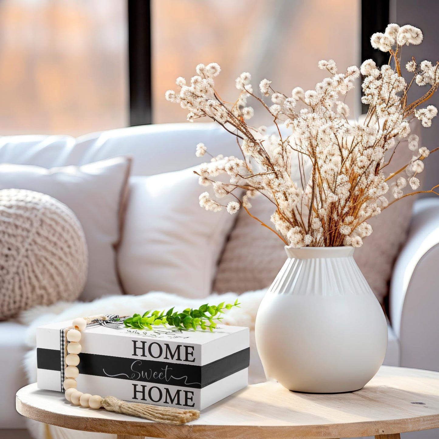 Capoda 3 Pcs Decorative Books for Home Decor Farmhouse Faux Stacked Books Wooden Rustic Table Decor with Bead Garland Twine Ribbon Faux Leaf for Table(Home)