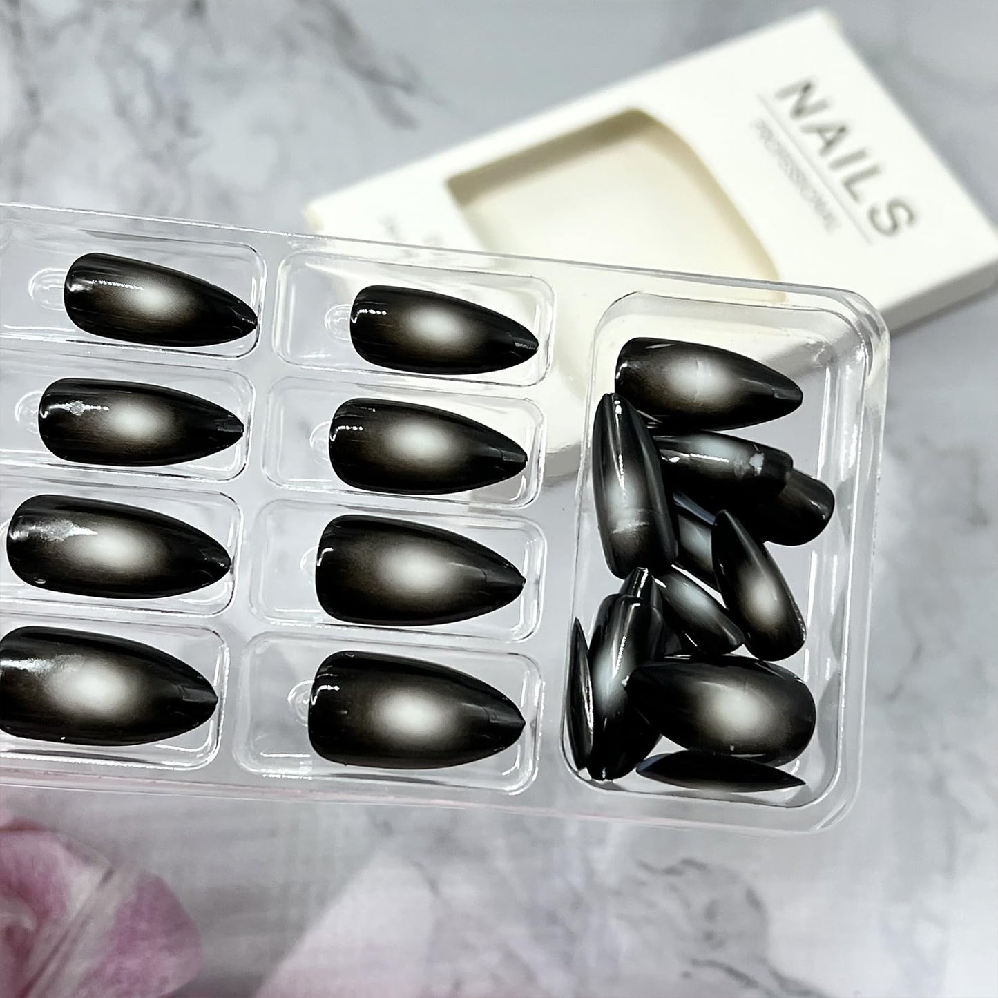 Black Press on Nails for Women Long Almond False Nails with Design Mirror Acrylic Glue on Nail Reusable Natural Stick on Nail