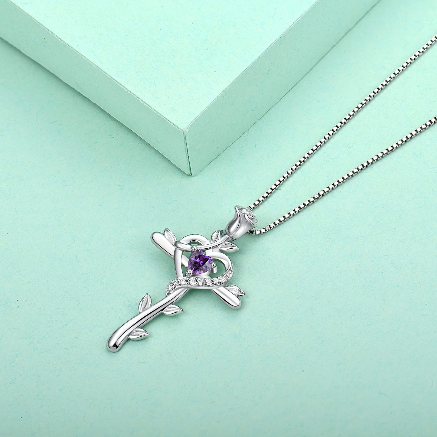 STARCHENIE Rose Cross Necklace 925 Sterling Silver Heart Crucifix Pendant Created Amethyst Jewelry for Women