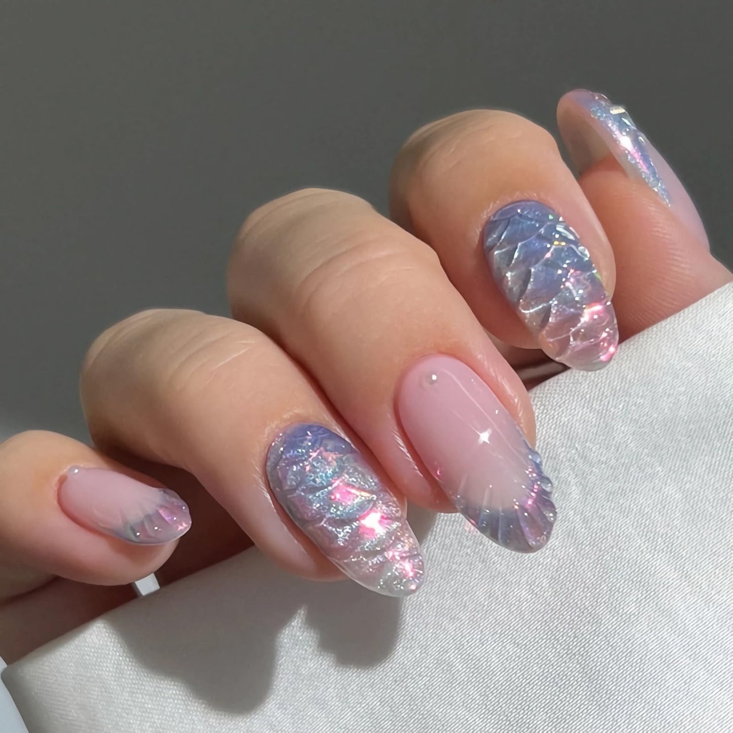 BABALAL Press On Nails, Medium Almond Fake Nails, Pink Blue Mermaid Shell Design Cat Eye, 3d Handmade Bling Acrylic, Glossy Full Cover Glue On Nails 24Pcs