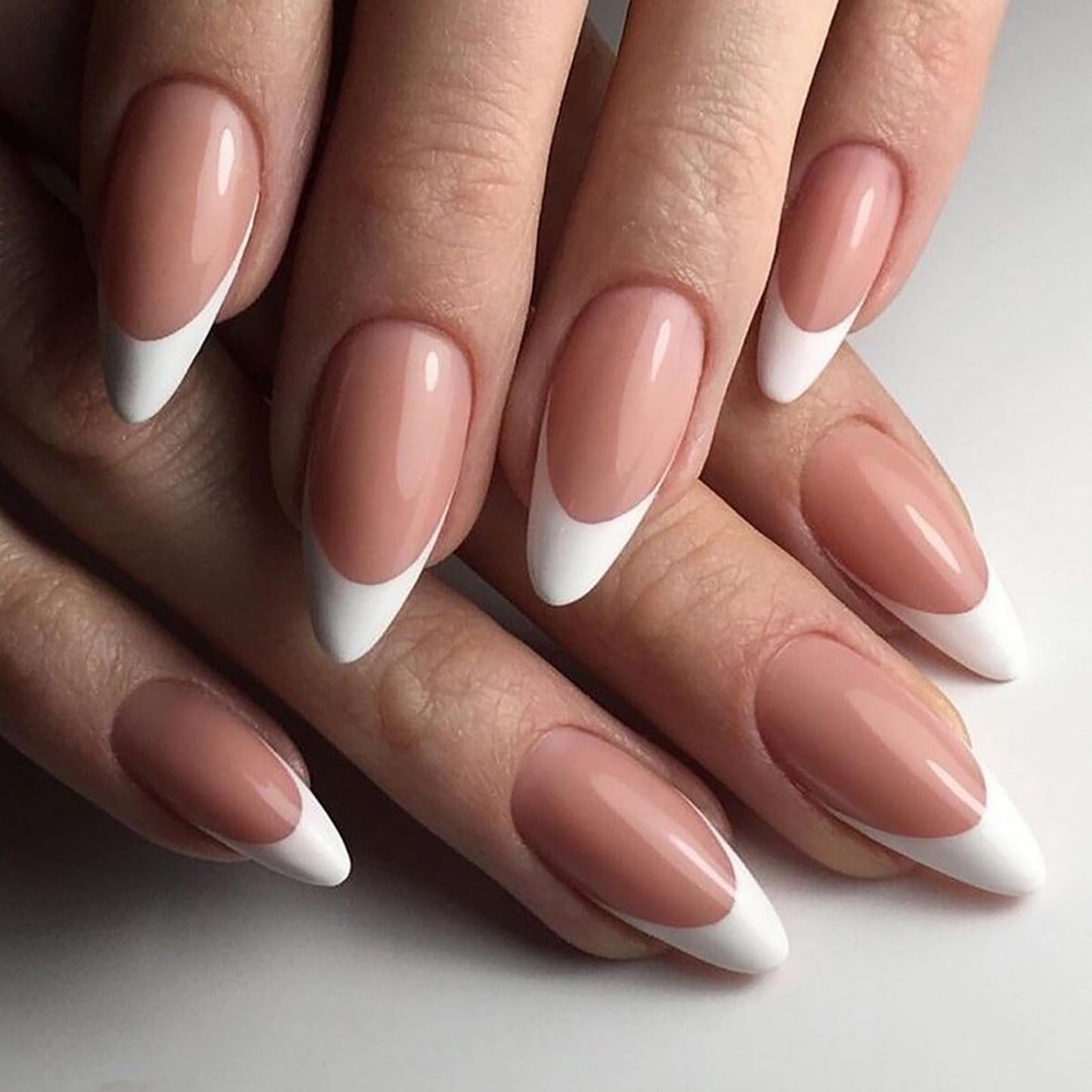 French Tip Press on Nails Medium Almond Fake Nails Nude Pink White Nails Press ons Acrylic Nails False Glossy Full Cover Artificial Stick on Nails for Women Girls 24 Pcs