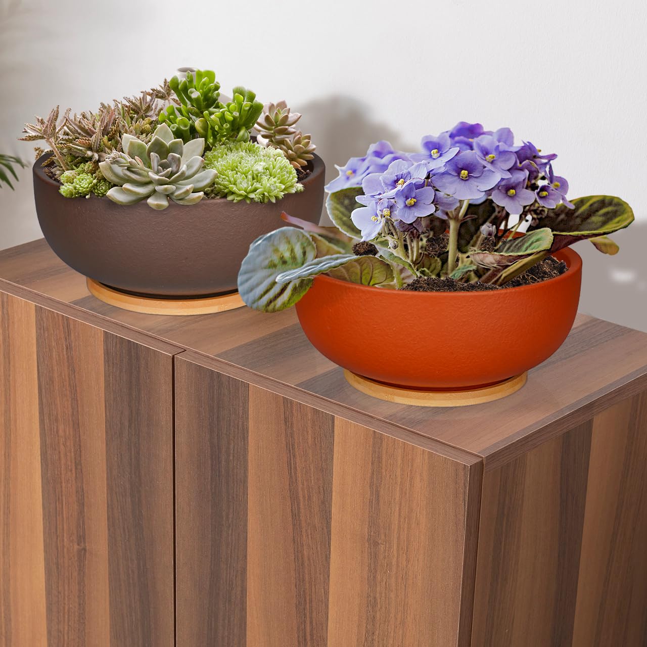 SQOWL 10 Inch Large Terracotta Planter Pot,Clay Succulent Bonsai Planter with Drainage Hole and Bamboo Saucer for Indoor Plants
