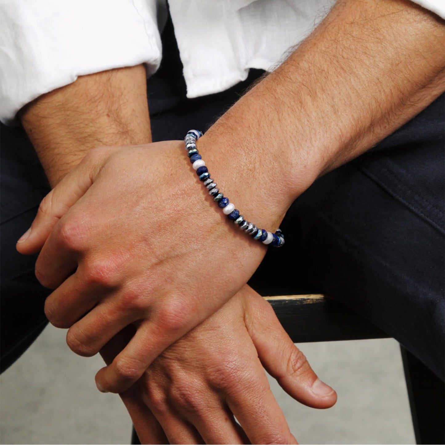 Holamonte Natural Stone Beaded Bracelets for Men, Tigereye Bead Link Bracelet, Adjustable Retractable Cord, Men's Chakra Protection Lapis Hematite Glass Pearl Bracelet, Ideal Gift (Blue)