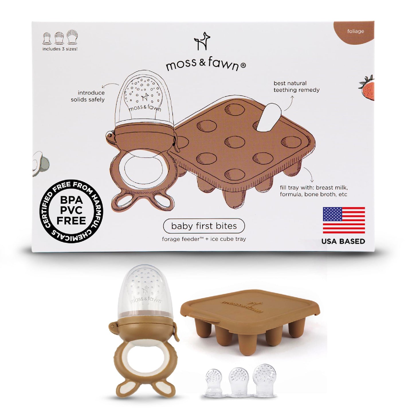 Moss and Fawn Baby's First Bites Bundle - Silicone Frozen Breast Milk Popsicle Kit with Forage Feeder & Teething Popsicle Ice Cube Tray - BPA, PVC, & Lead-Free - Foliage