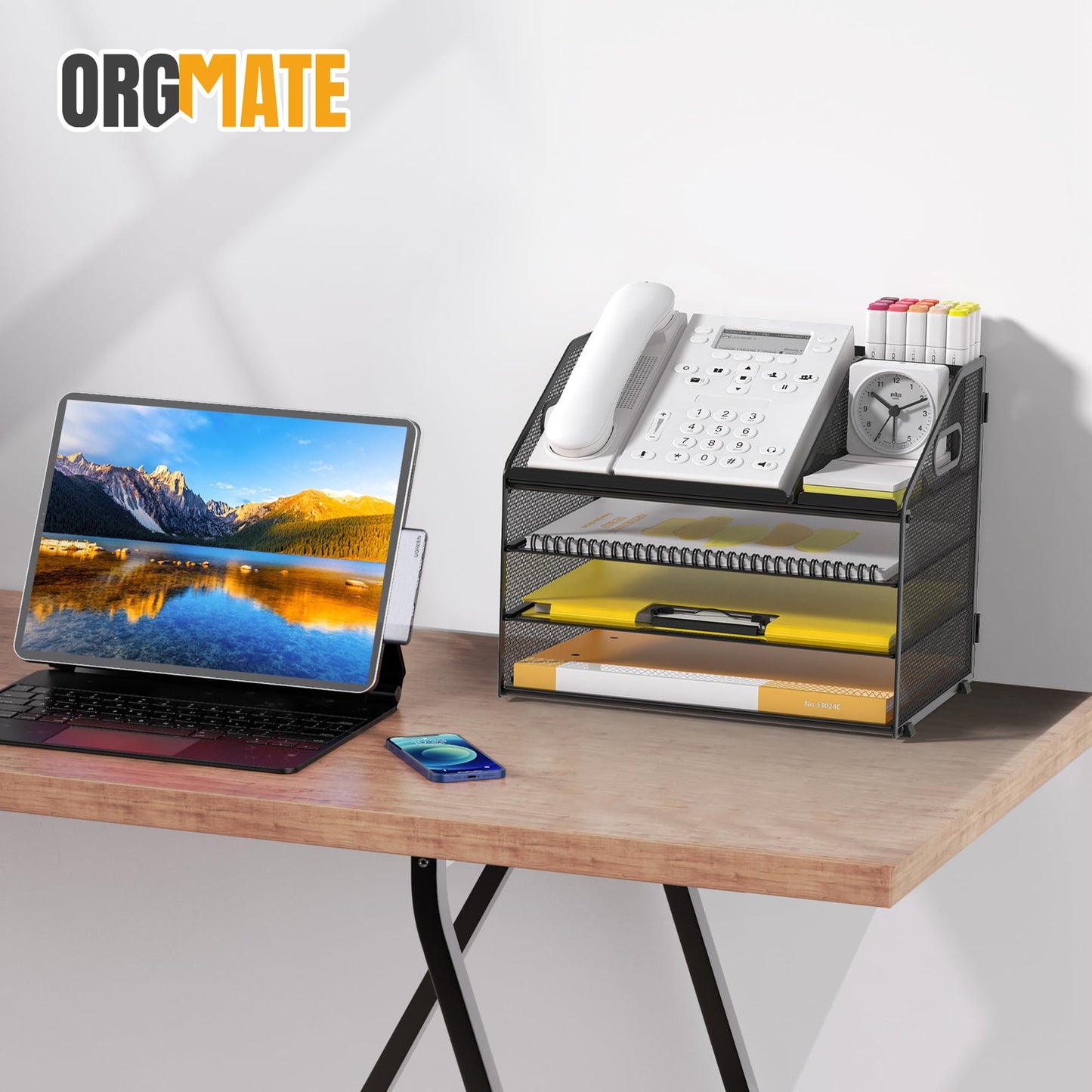 OrgMate Letter Tray Paper, 4 Tier Desk Organizer with Pen Holder and Handle Mesh File Organizer Paper Sorter Metal Desktop Document Shelf for Office Home Classroom -Black