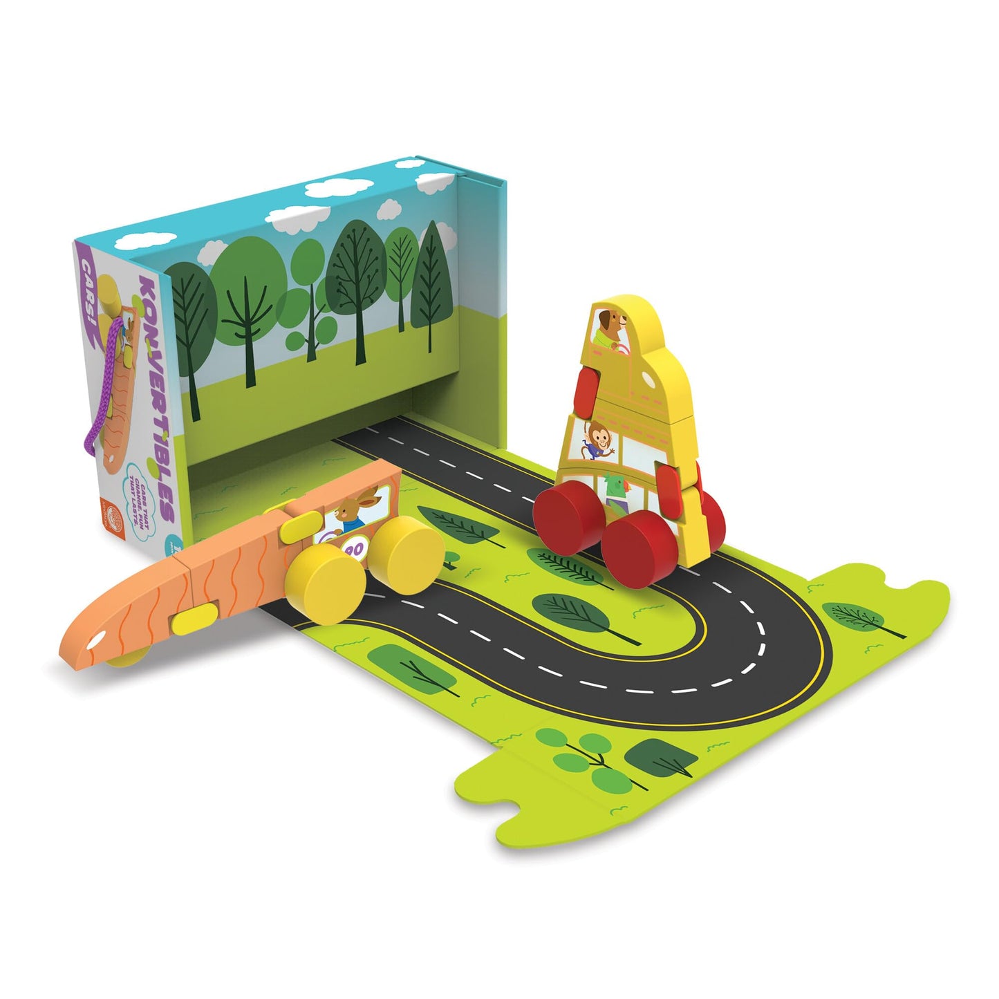 MindWare Konvertibles Transforming Wooden Cars – 2‑Piece Flip‑&‑Change Vehicle Set with Carry‑Along Box That Becomes 3‑D Road Scene, Toddler Toy for Ages 18 Months +