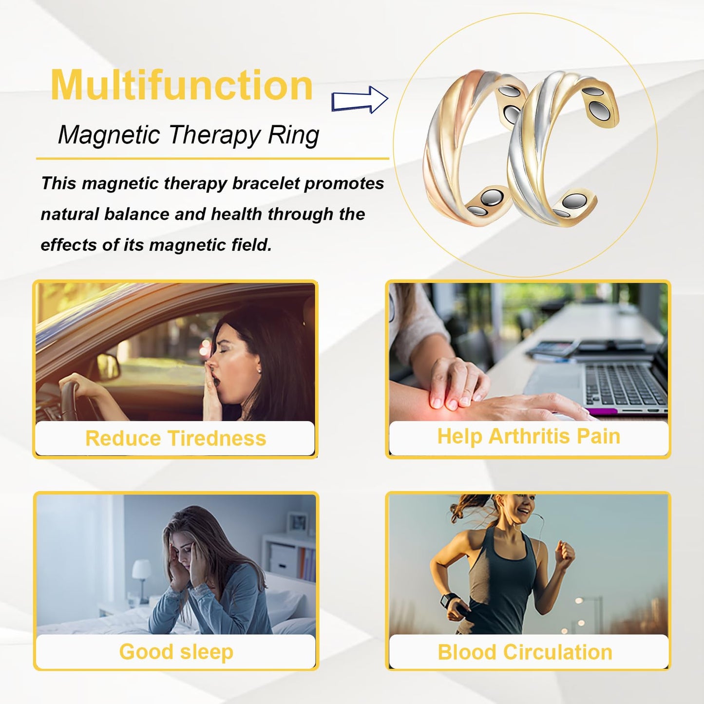 EnerMagiX Copper Rings for Women, 2pcs Pure Copper Adjustable Magnetic Three-Color Gold Ring Jewelry (0131B-0949)