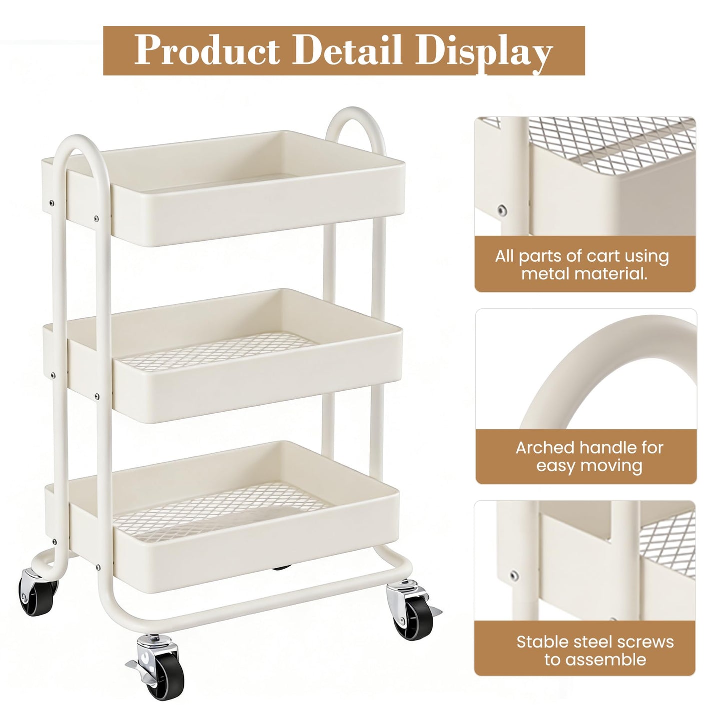 SIMHOMSTOR 3 Tier Metal Rolling Cart, Utility Storage Cart Shelf Organizer with Wheels for Home & Office, Cream