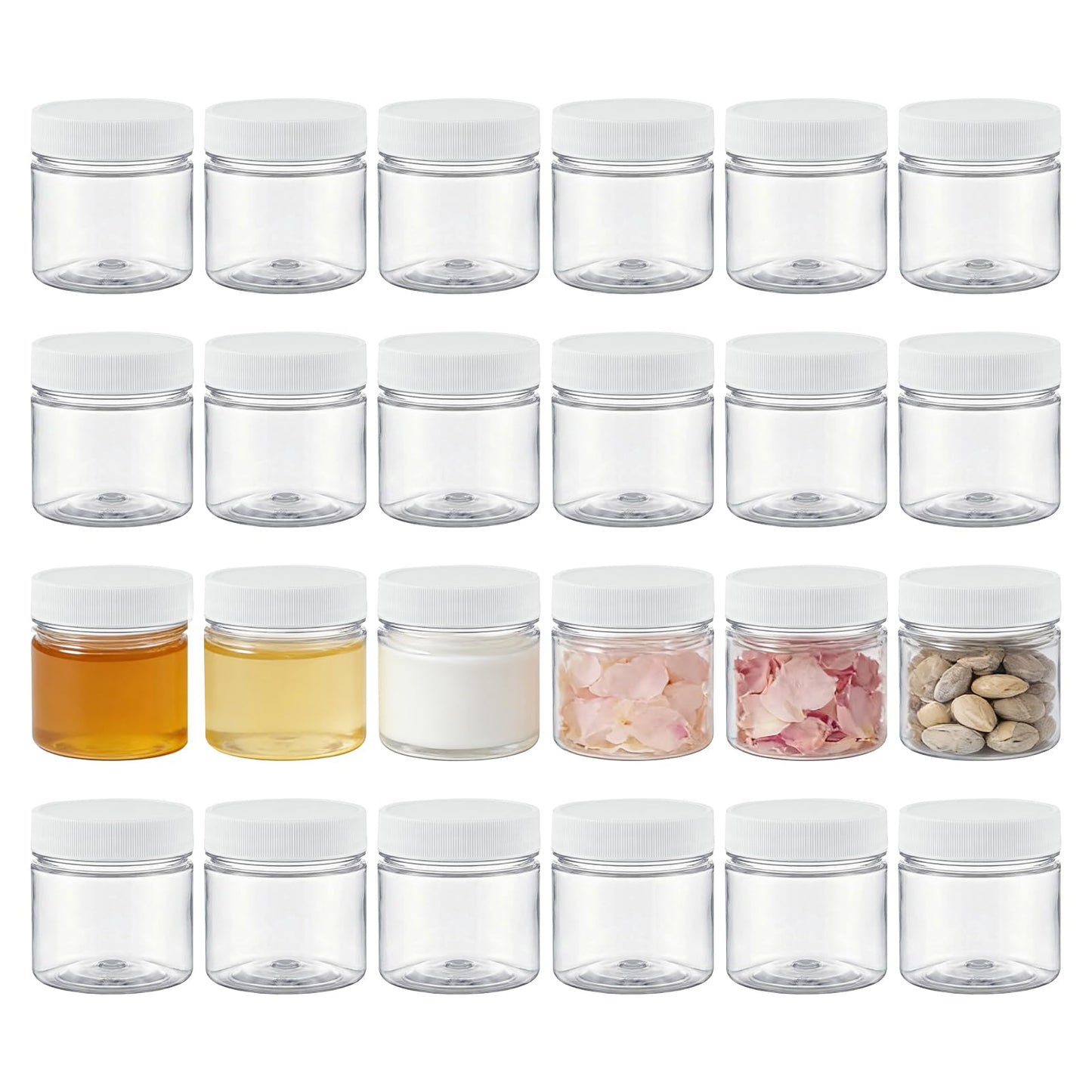 novelinks 8 oz Clear Plastic Jars with Airtight Lids, 8oz PET Plastic Containers, Refillable Storage Slime Containers & Small Spice Jars for Kitchen Organization (White, 24 Pack)