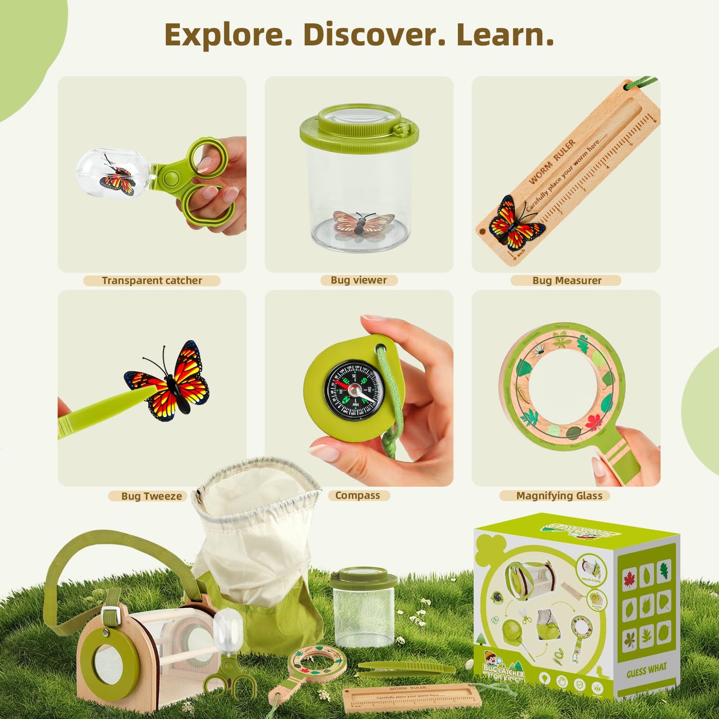 Wooden Bug Catcher Kit for Kids, Outdoor Explorer Toy Set with Butterfly Net, Magnifying Glass, Bug Container &Other Adventure Kit for Backyard Bugs Hunting and Camping Gifts for Boys Girls Age 3-12