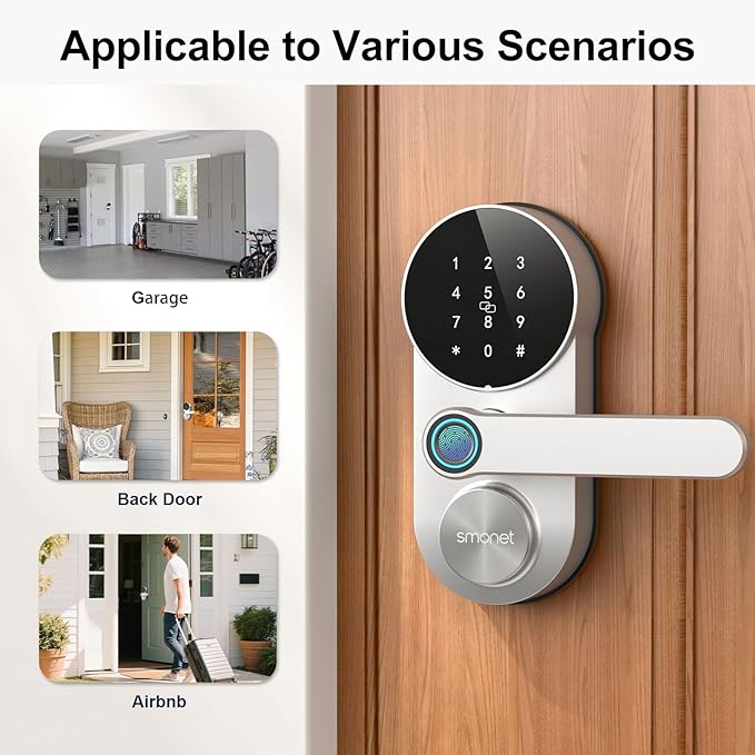 Smart WiFi Lock for Front Door: SMONET Fingerprint Keypad Lock with Handle - Keyless Entry Door Lock Compatible with Alexa Easy Installation