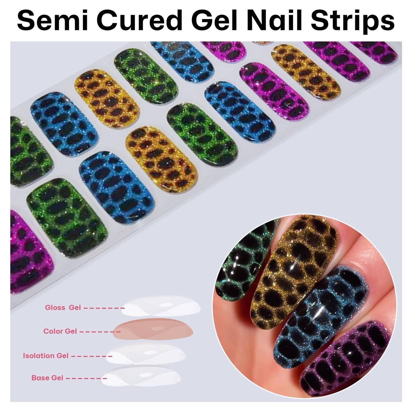 Semi Cured Gel Nail Strips with Leopard Designs Colorful Glitter Nail strips Fall Wraps Salon Quality & Easy to Use 20 Pcs for Women