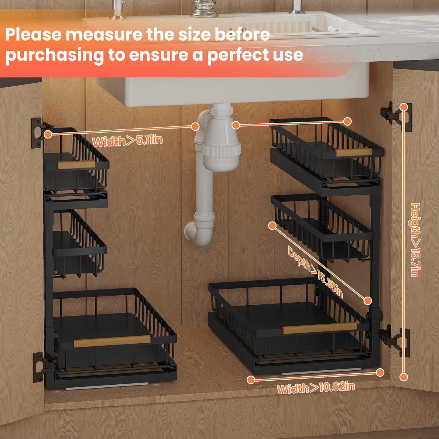 Aekenr Under Sink Organizer and Storage for Bathroom and Kitchen - 2 Pack 3 Tier Under Cabinet Pull Out Shelf Organizers - Slide Out Drawer Organization for Home Cabinets Shelves and Drawers
