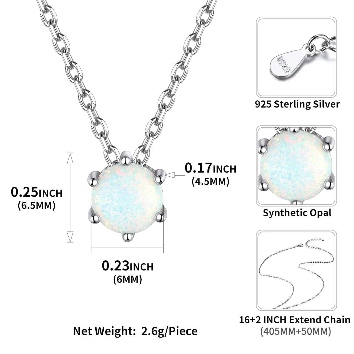 ChicSilver Created Opal Necklace 925 Sterling Silver Round Cut Gemstone Solitaire Pendant Necklace October Birthstone Jewelry for Women