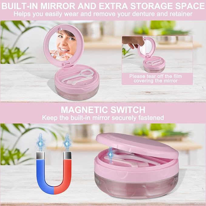 Denture Case, Leak Proof Denture Bath Case Cup Kit for Travel Cleaning, Heigoeost Denture Holder Box Bath Soaking Container for Women & Men with Mirror, Strainer, Removal Tool and Denture Brush(Pink)
