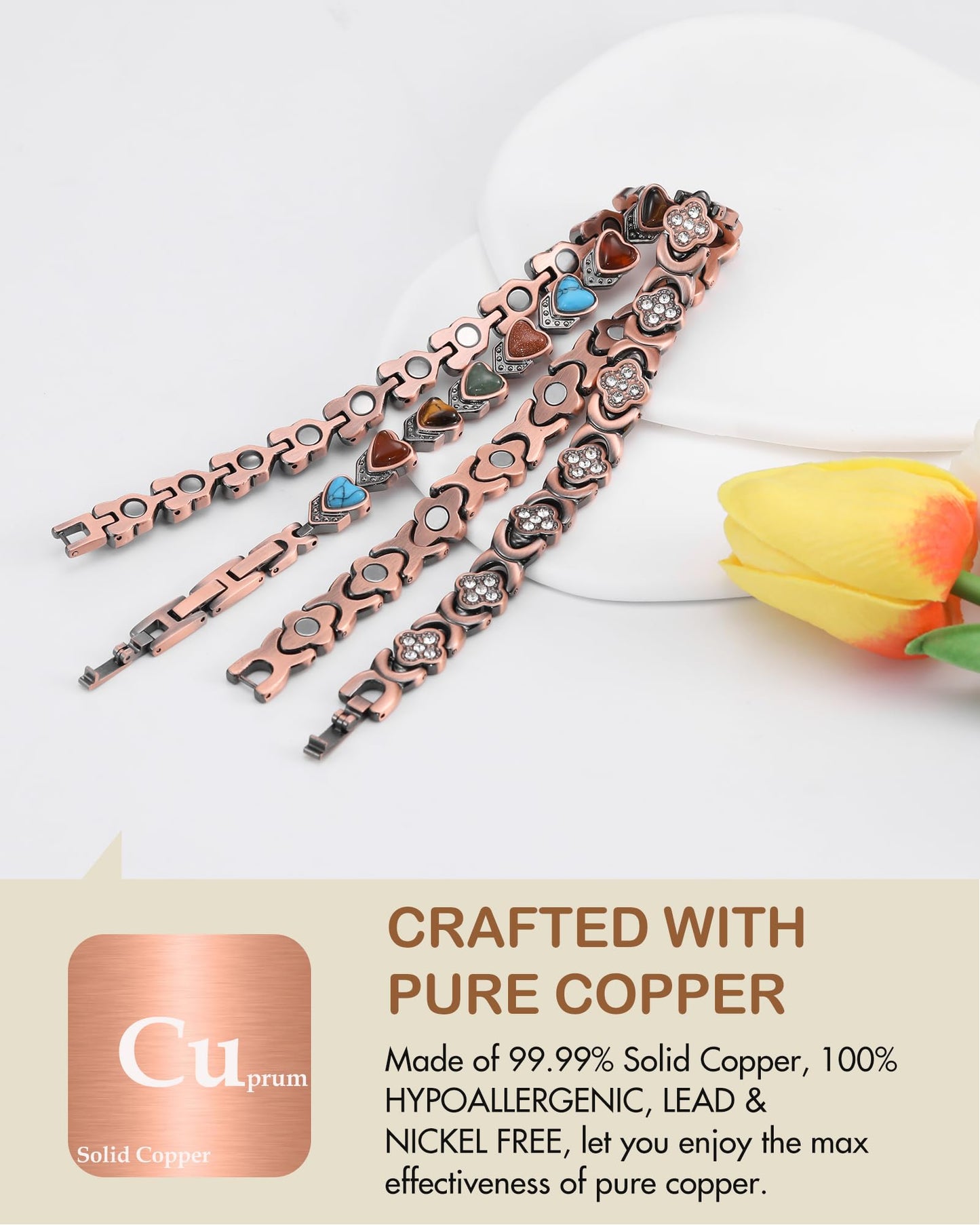 Feraco Copper Ankle Bracelet for Women, 99.99% Pure Copper Magnetic Anklet with 3800 Gauss Neodymium Magnet & Natural Stones, Adjustable with Sizing Tool