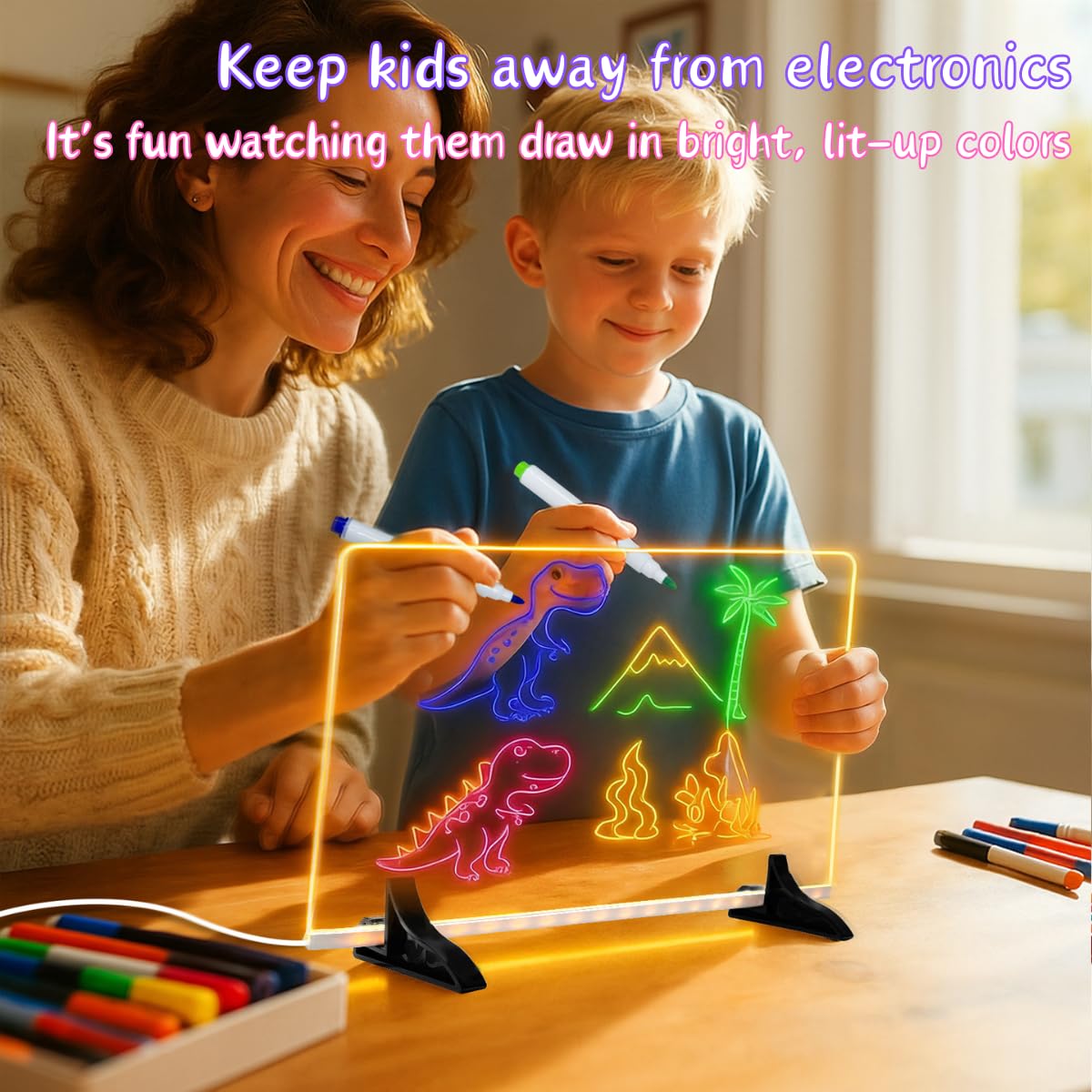 LED Drawing Board for Kids, More Durable Acrylic That Doesn’t Scratch Easily, 12x8 Inch LED Note Board with Colors, Doodle Glow, Gift Ideas for Christmas, Halloween, 3–10 Year Old Girl & Boy Birthday