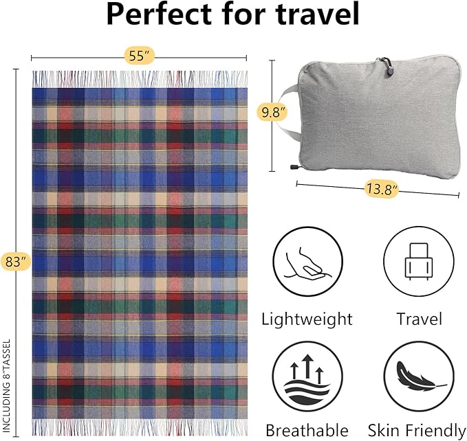 Throw Blanket Plaid with Carry Bag | Soft Wool Travel Blanket 55"x83" 1.5lbs | Navy Red Plaid Decorative Throw for Couch, Camping & Gift