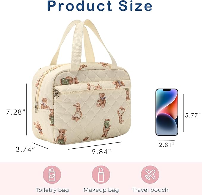 Large Size Quilted Coquette Makeup Bag, Cute Preppy Floral Cotton Travel Cosmetic Organizer Bag with Top Handle, Multi-Layer Travel Toiletry Pouch for Girls (04Bear)