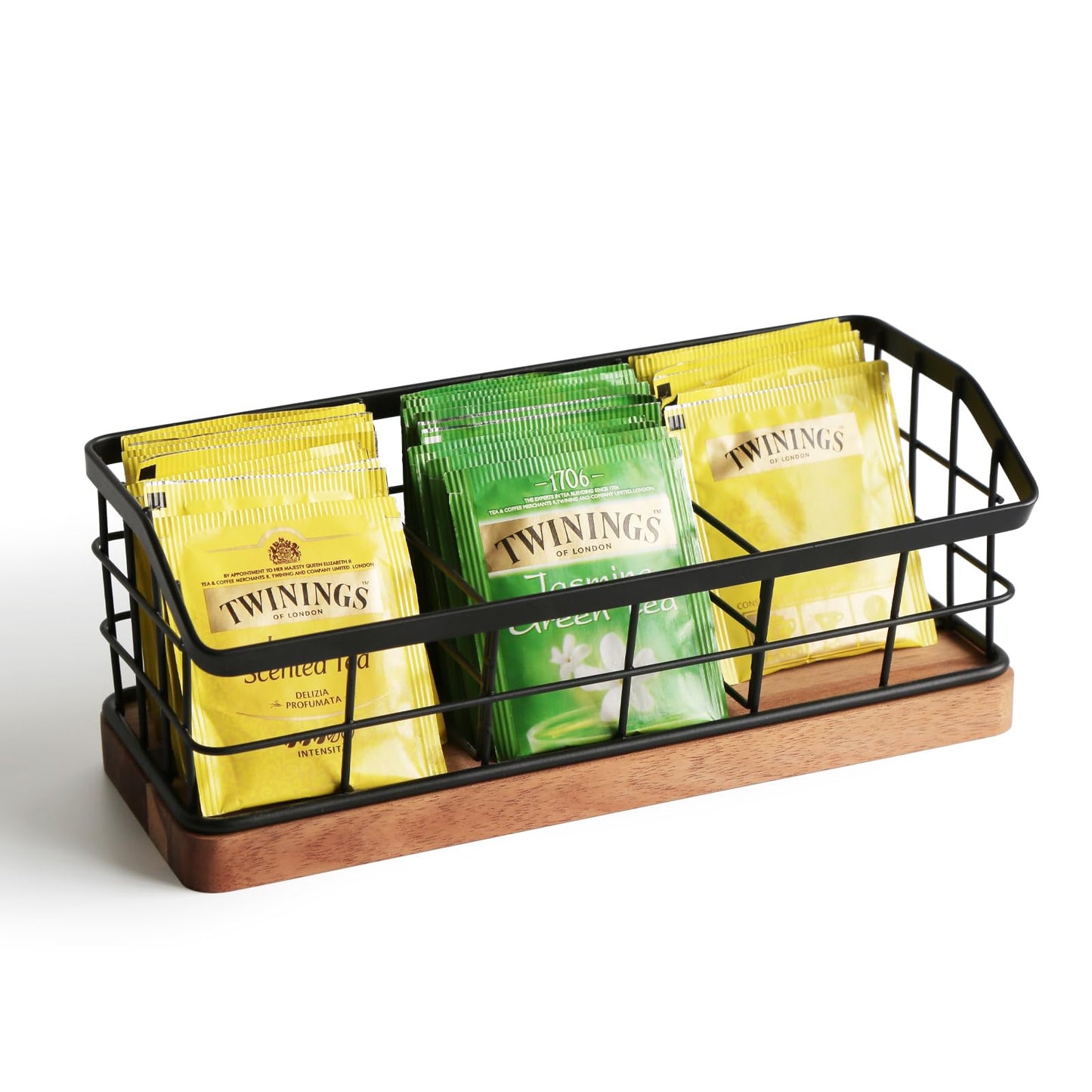 WILDMOS Tea Bag Organizer,Iron Wire Basket with Wooden Base.Tea Storage Containers with 3 Slots,Sugar Packet,Tea Bar Accessories for Countertop Cabinet Drawer.