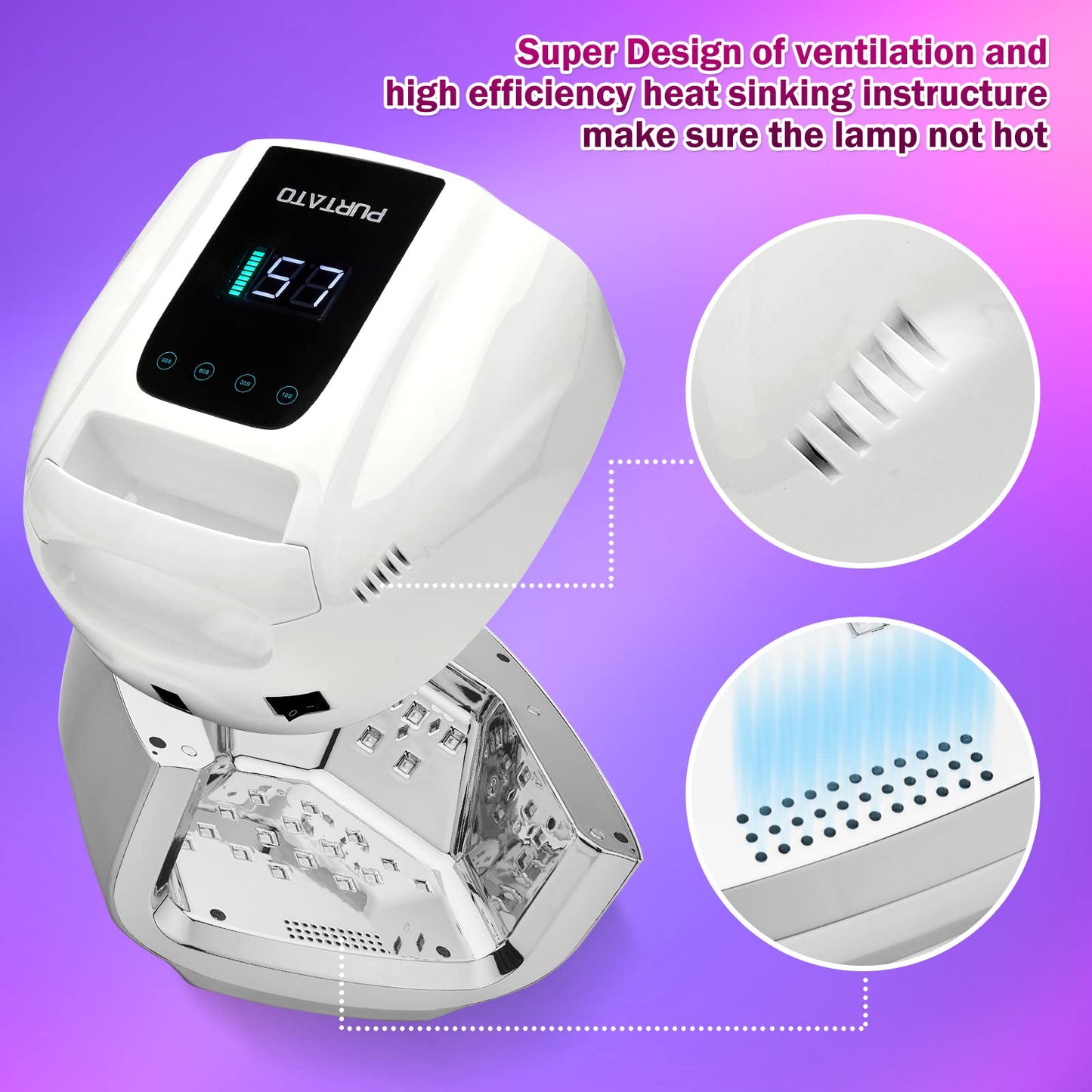 PURTATO Professional Rechargeable 96W UV LED Portable Cordless UV Light for Nail Lamp Machine with Removable Stainless Steel Bottom,4 Timer Setting and Smart Sensor Nail Dryer (White)