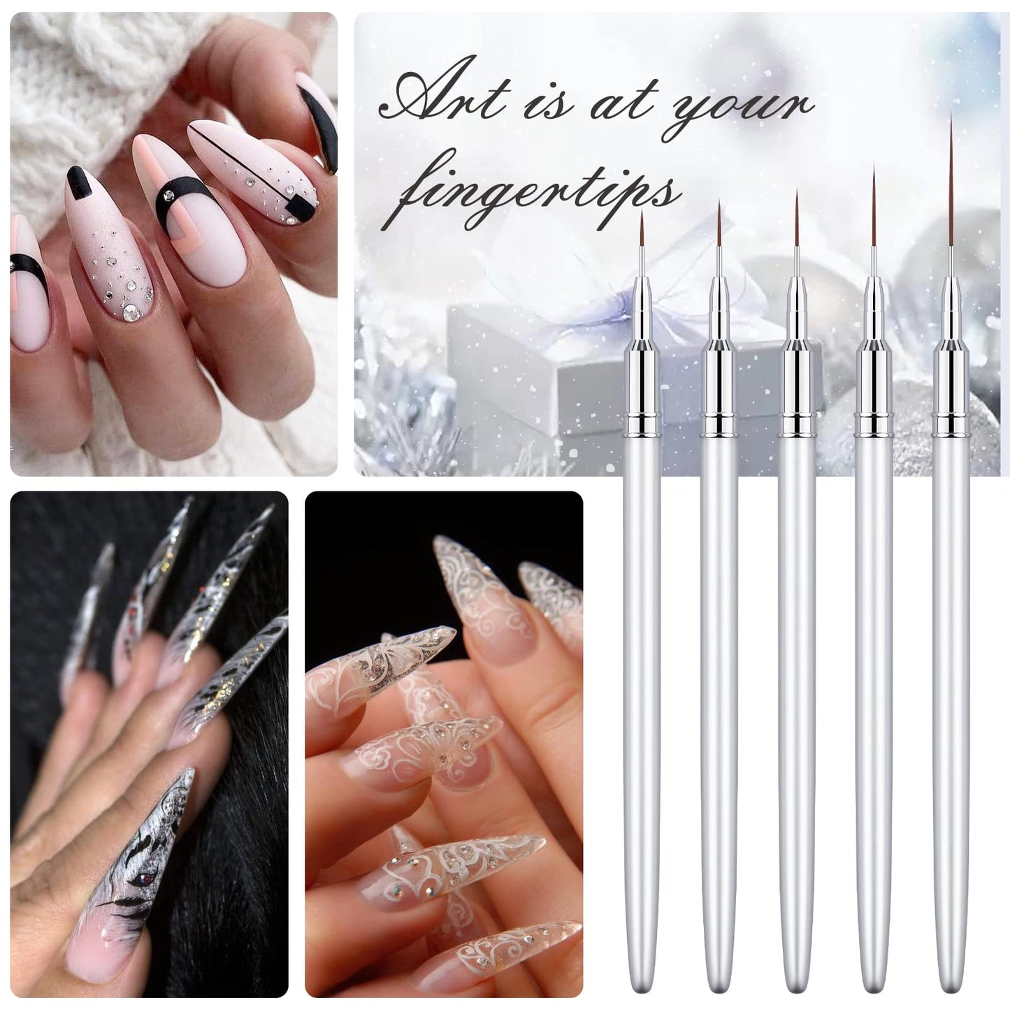 Eptbsdu 5PC Nail Art Brush Set - Long Lines, Liner, UV Gel Polish, Metal Handle, Sizes 7/9/11/15/25mm