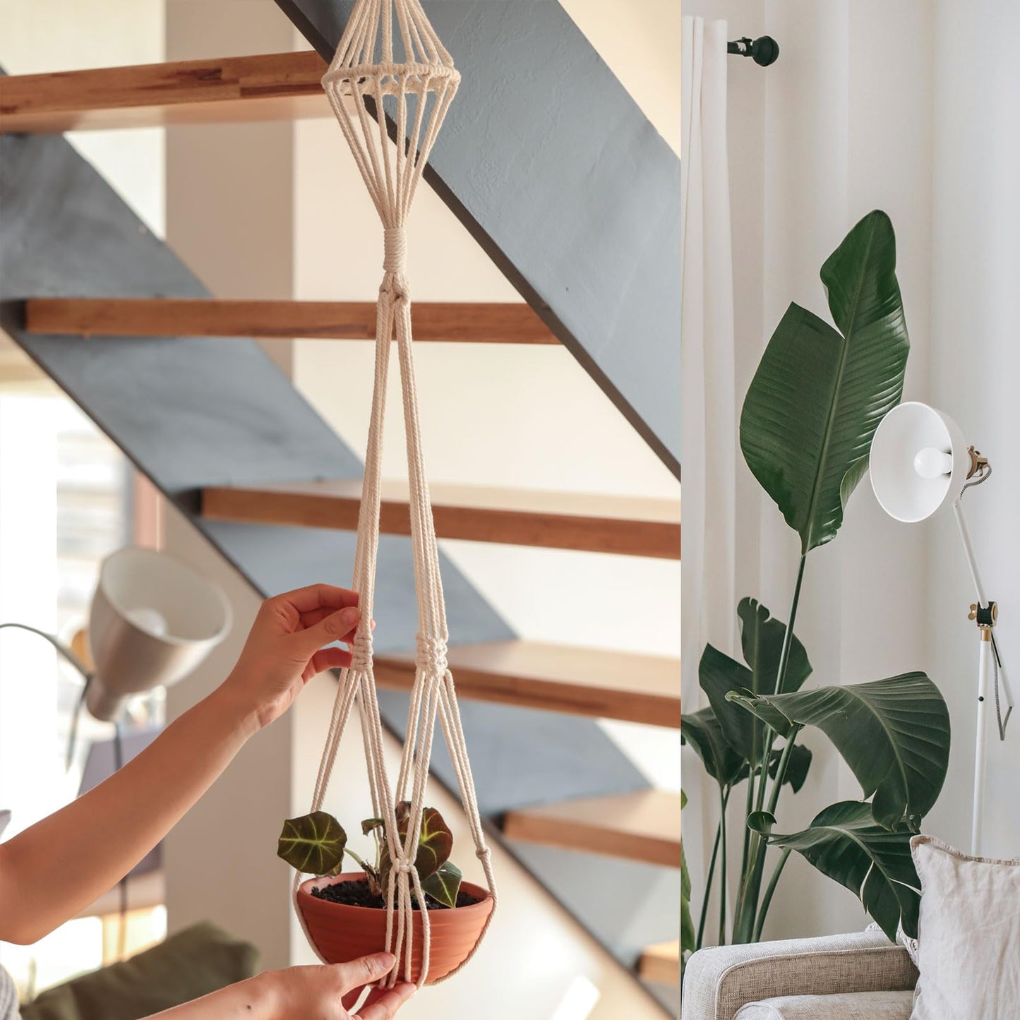 XINBOR Hourglass Floating Macrame Plant Hangers 2 Pack Handmade Cotton Rope Hanging Planters Basket with S Hooks, Diamond Openwork Boho Home Decor for Indoor Outdoor, Plants Holder 35" & 39” (White)