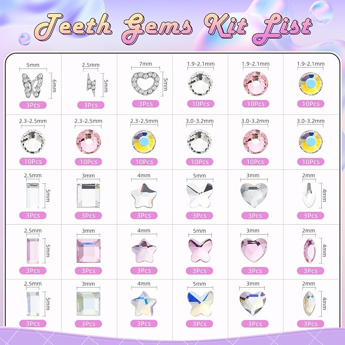 WATRZ Teeth Gem Kit,Tooth Diamonds Gems Kit for Teeth DIY Crystals Tooth Jewelry for Girls DIY Crystal Spider Snake Cross Heart Butterfly Lightning Bolt Pink Purple Black Red for Boys(White)